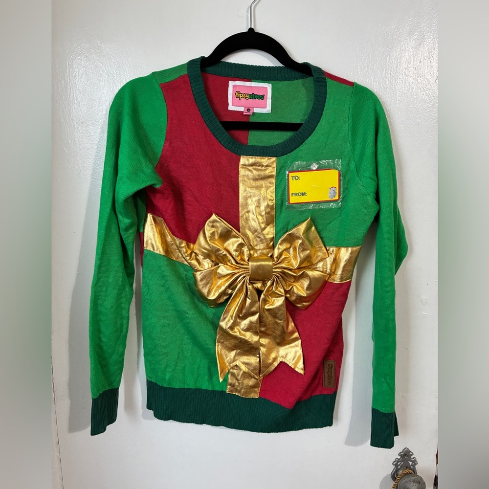 Tipsy Elves Gift Christmas Sweater Bow Funny XS - Picture 2 of 6